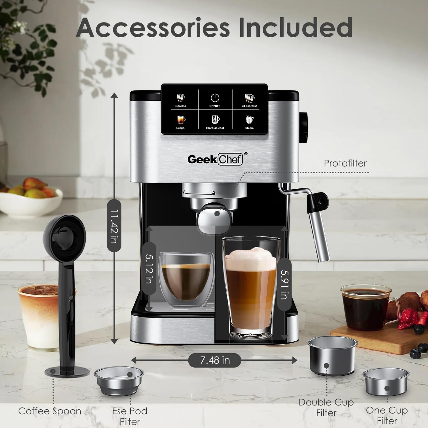 Geek Chef Espresso Machine, 20 Bar Espresso and Cappuccino Coffee Maker, Quick Heating Automatic, Latte & Cappuccino Creator, for Home, for Gift to Family, Friends, Coffee Shops