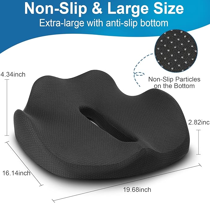 PilloVive Ergonomic Seat Cushion for Office Chair &Car-Advanced Memory Foam Coccyx Pillow for Tailbone,Sciatica &Lower Back Pain Relief-Non-Slip Desk Chair Pad for Long Sitting,Posture Support-Black