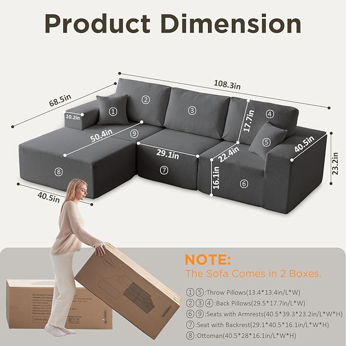 INGEROOM 108" Cloud Sectional Couch with Chaise, Modular L-Shaped Sofa, Deep Seat Comfy Corduroy Memory Foam Couch for Apartments, Dorms or Small Space, No Assembly Required, Dark Grey