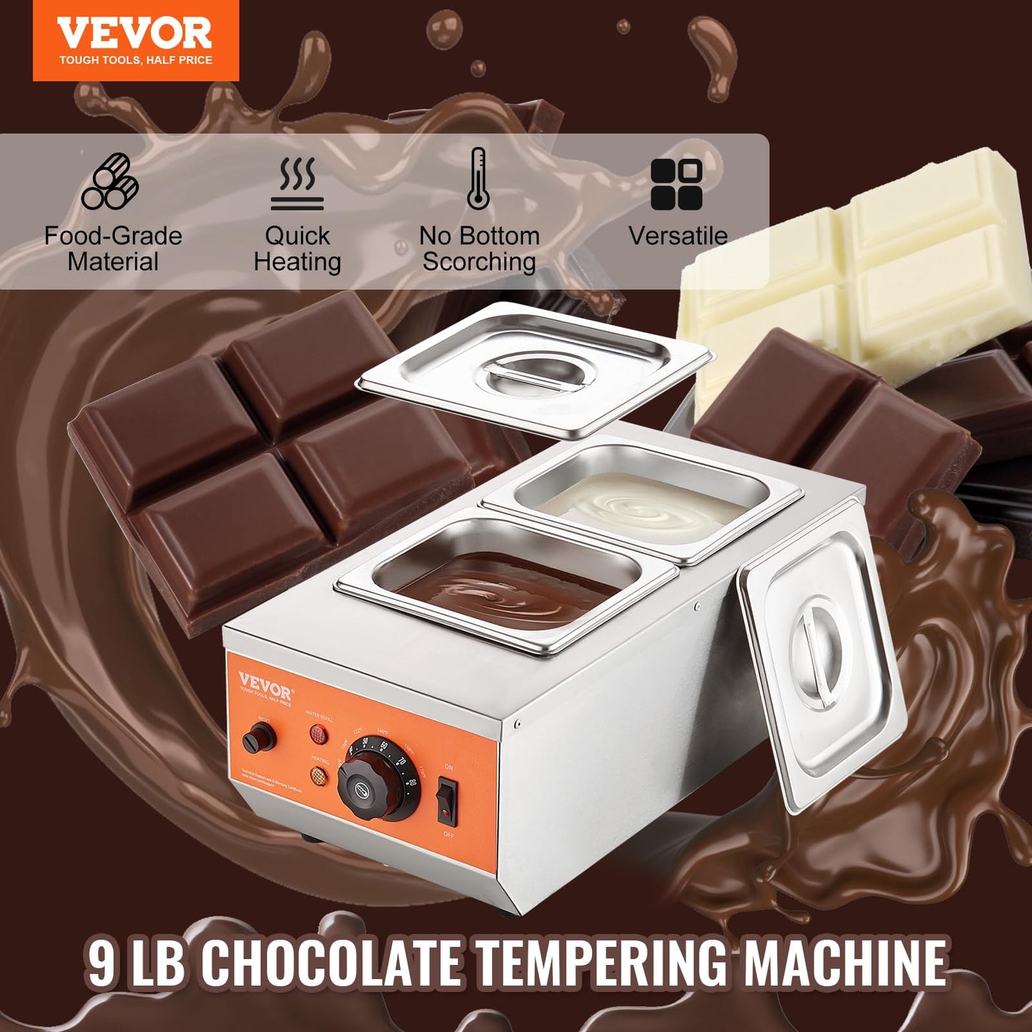 VEVOR Chocolate Tempering Machine, 9 Lbs 2 Tanks Chocolate Melting Pot TEMP Control 86~185℉, 1500W Stainless Steel Electric Commercial Food Warmer For Chocolate/Milk/Cream Melting and Heating
