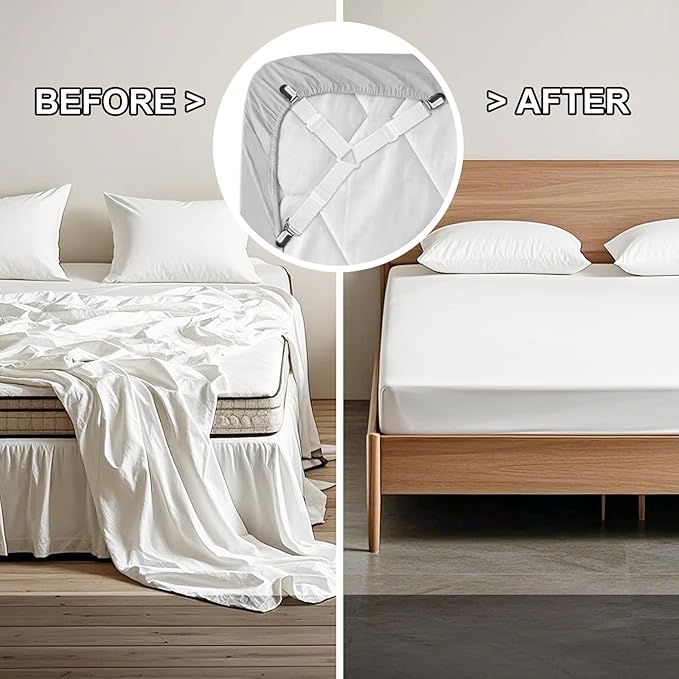 4 PCS Fitted Bed Sheet Straps - Elastic Suspenders with Metal Clips for Bed Sheets, Mattress Covers, Sofa Cushions - Adjustable Fasteners to Keep Sheets Wrinkle-Free (White-4pcs)