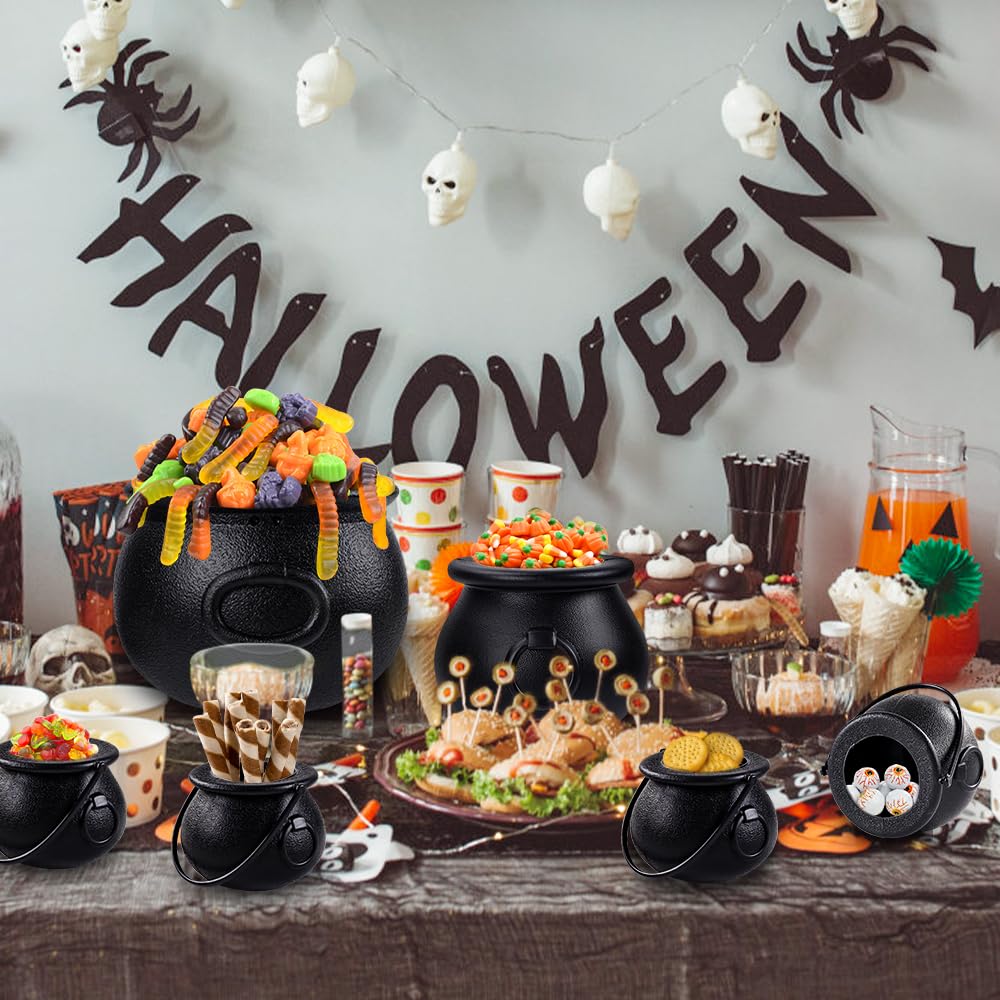 DIYDEC 6 in 1(8.5", 5.5", 4pcs 2.8") Package Halloween Large Cauldron, Black Plastic Witch Cauldron Kettle Halloween Pot Candy Holder for Halloween & St. Patrick’s Day Party Party Favors Decor