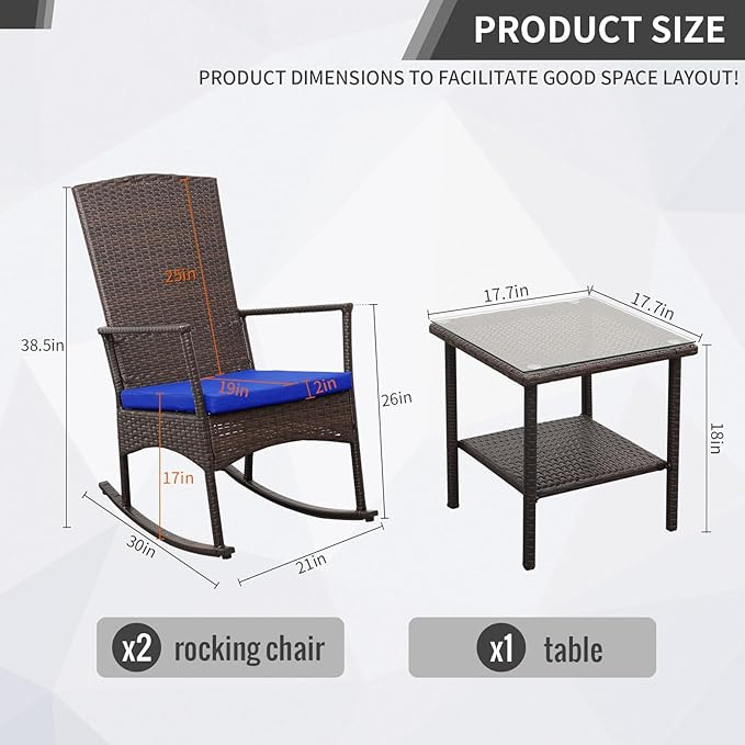 Outdoor PE Wicker Rocking Chair 3-Piece Patio Rattan Bistro Set 2 Rocker Armchair and Glass Coffee Side Table Furniture Washable Lacing Cushions, Blue