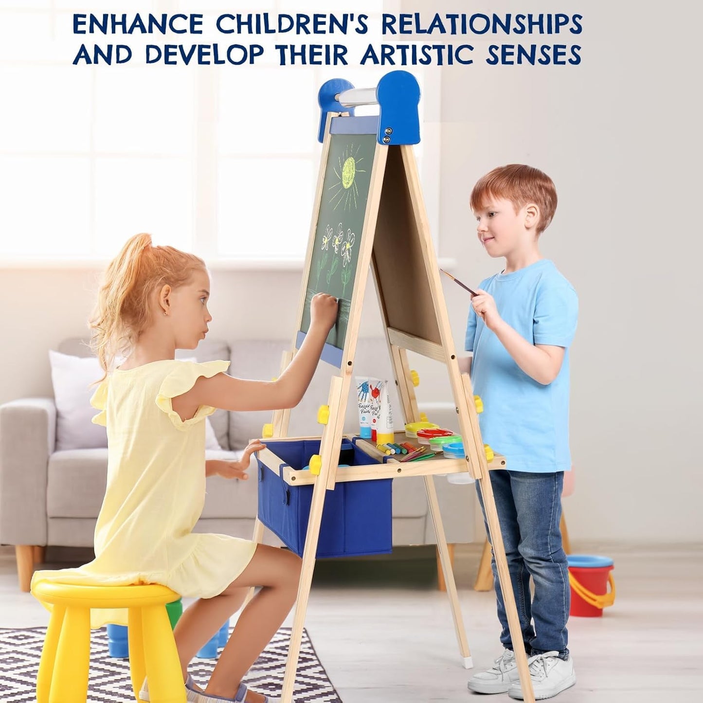 Kids Easel 3-1,Magnetic Chalkboard & Whiteboard, Paper Painting, Big Storage with Canvas Bag, Painting Sets with Finger Paints,Chalks,Brushes,Number Letters Magnets, Apron, Gift for Kids, Blue