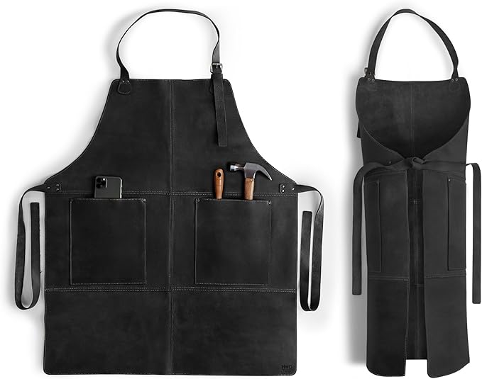 Hide & Drink, Rustic Apron with Large Pockets and Adjustable Straps, Full Grain Leather, Handmade