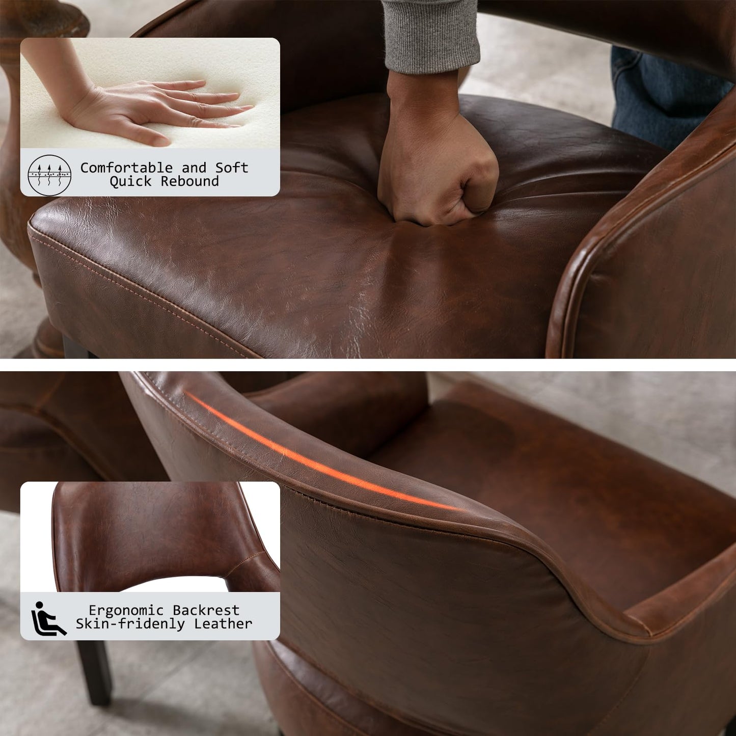 Kmax PU Leather Fabric Dining Chairs Set of 2 Upholstered Side Chairs Farmhouse Accent Chairs with Open Back Wood Legs for Dining Room Guest Room Restaurant, Brown(Wider Seats)