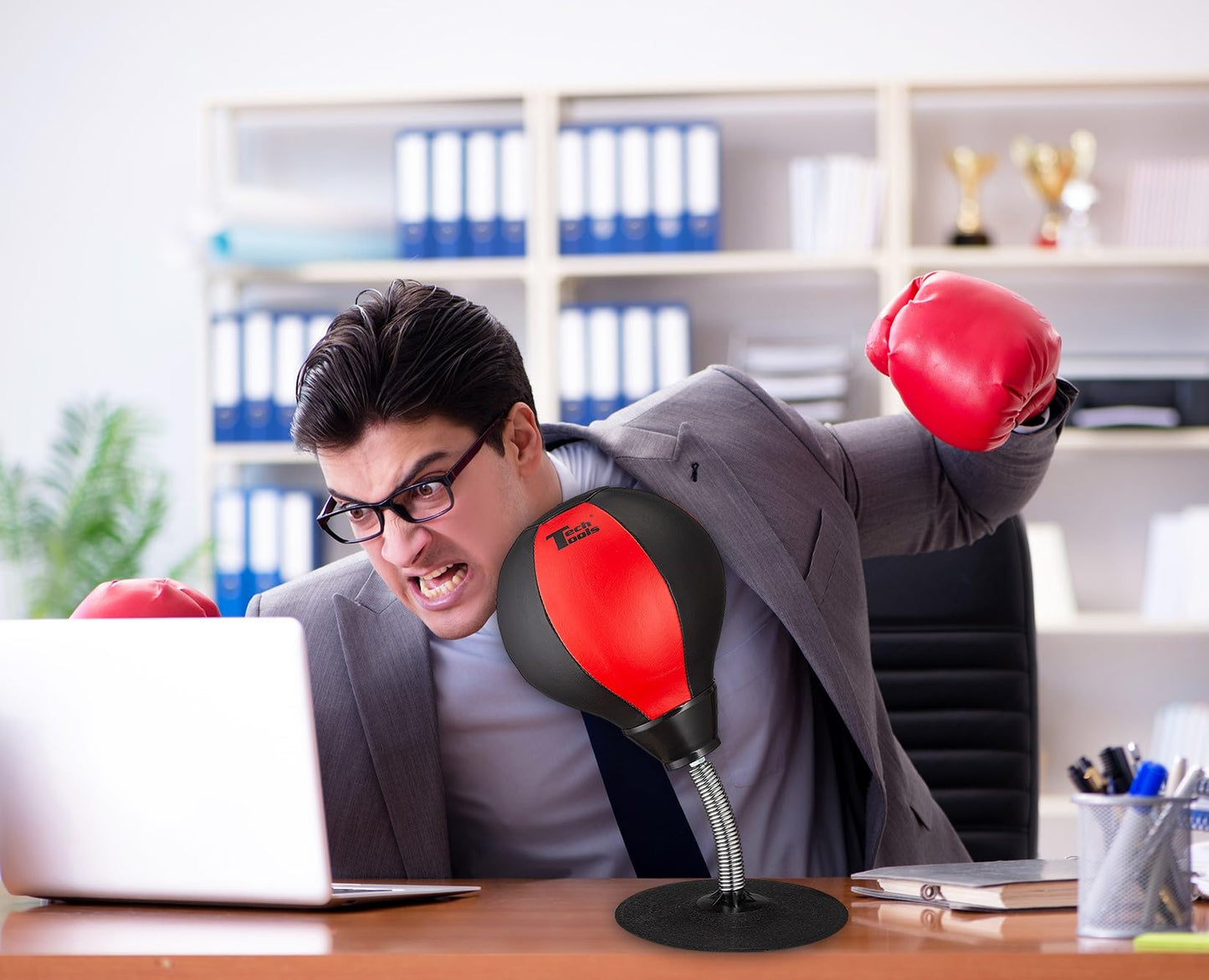 Tech Tools Stress Buster Desktop Punching Bag - Suctions to Your Desk, Heavy Duty Stress Relief Ball, Funny Desk Accessories, Office White Elephant Gift for Boss or Coworker Men and Women
