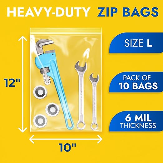 10" x 12" Medium Zip Seal Lock Bags, 6 Mil (Pack of 10) – Heavy-Duty Reclosable Plastic Bags – Clear, Resealable, Waterproof – For Storing and Organizing Clothes, Jewelry, and Travel Items