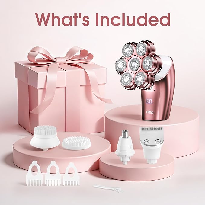 Electric Razors for Women Legs: 5-in-1 Rechargeable Body Shaver, 7D Wet & Dry Body Trimmer, IPX7 Waterproof Lady Hair Remover for Face Underarms Pubic, Matte Pink
