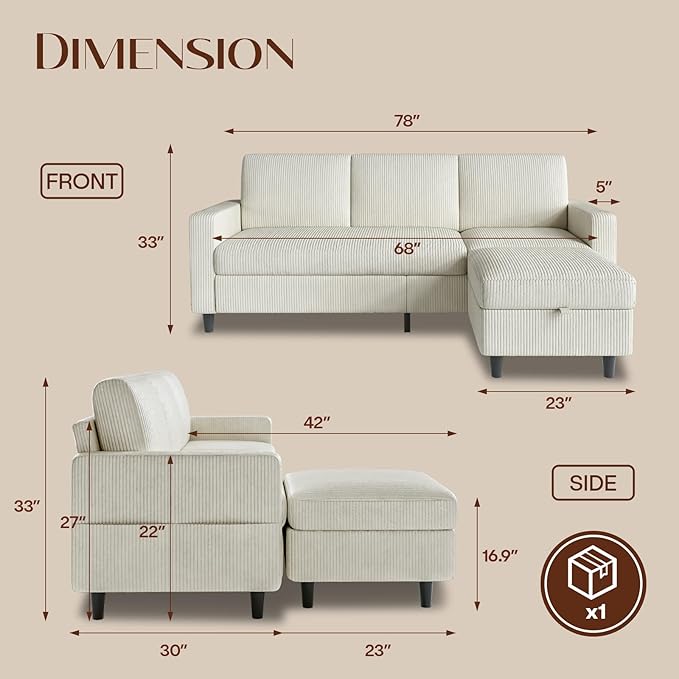 POYISOU Sectional Couches for Living Room, L Shaped Couch with Storage Ottoman, Small Sofa Corduroy Couch with Side Pockets, Modern 3 Seater Convertible Sofa for Apartment, Office, Beige