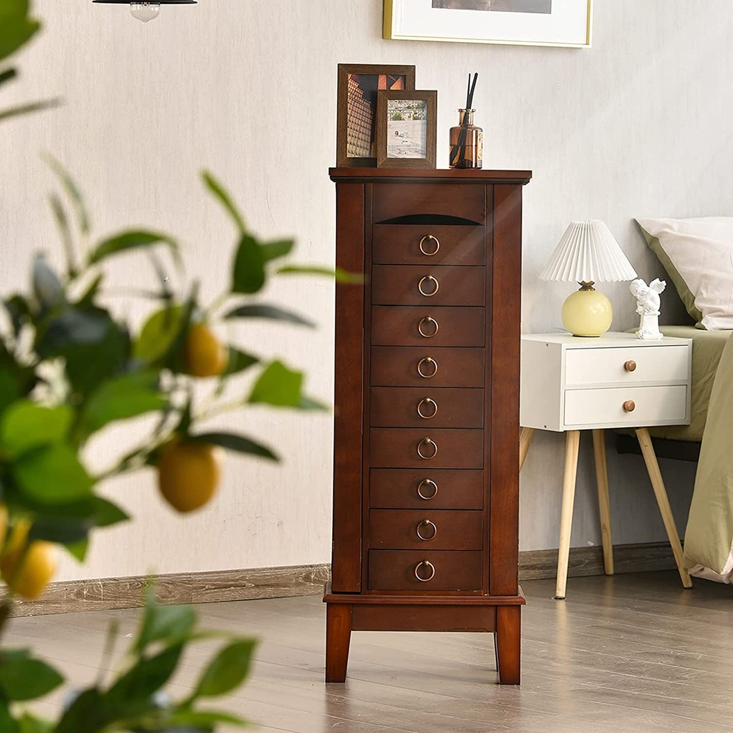 FANTASK Standing Jewelry Armoire Cabinet, Wooden Jewelry Storage Chest w/Flip Top Mirror, 9 Drawers & 2 Side Doors, Bedroom Armoire with Large Storage, Walnut