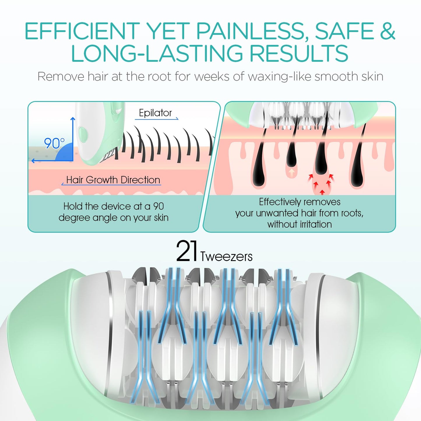 VOGOE Epilators Hair Removal for Women with 21 Tweezers & LED Light, 2 Speeds Cordless Epilator for Women, Electric Hair Removal