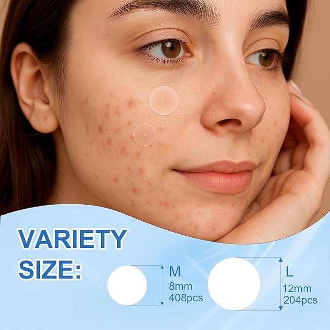 Amouy Acne Pimple Patch- 2 Sizes 612 Dots Thin & Thick Hydrocolloid Patches for Face with Witch Hazel, Tea Tree & Calendula Oil, Extra Adhesion Pimple Patches for Face Zit Patch Acne Dots