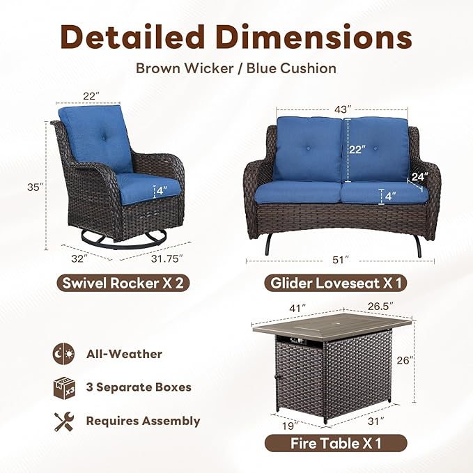 Belord 4 Piece Patio Furniture Set with Fire Pit Table - 41inch 50000 BTU Propane Fire Pit Table with High Back Loveseat Glider Chair and 2 Swivel Rocker Chair for Casual Gathering