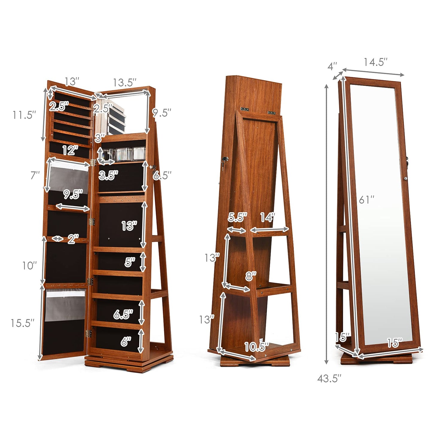 squareful OFFICEJOY 360°Rotating Jewelry Armoire w/Full Length Mirror, Inside Makeup Mirror, Lockable Standing Jewelry Cabinet, Mirrored Jewelry Cabinet Organizer for Rings Earrings Cosmetic (Brown)