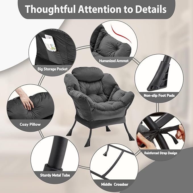 Youtanic Lazy Chair Thick Padded, Comfy Velvet Accent Lounge Chair with Stable Frame, Leisure Sofa Armchair with Armrests and Side Pocket, Reading Chair for Bedroom, Living Room, Office, Charcoal