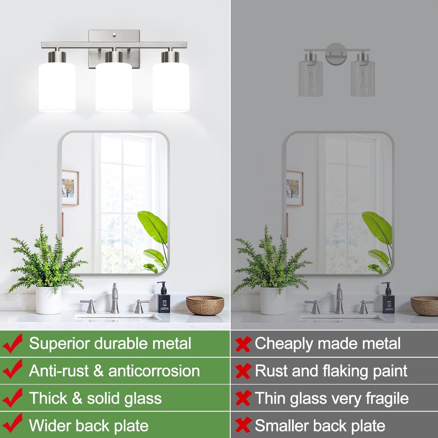 Brushed Nickel Bathroom Light Fixtures with Milk Glass Shades, Eye-Friendly 3 Light Vanity Lights for Bathroom, Vanity Lights with E26 Socket, for Mirror, Living Room, Bedroom, Hallway