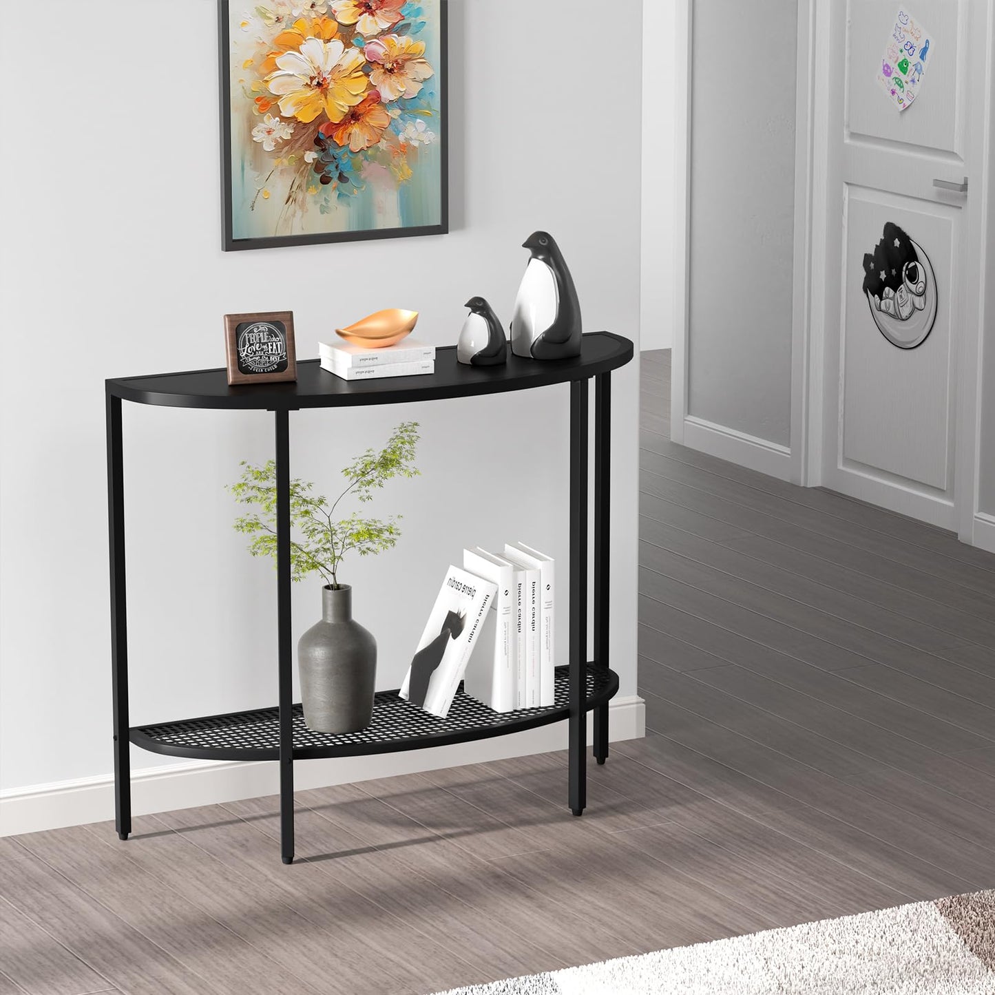 SAYGOER Black Half Moon Console Table 2 Tier Narrow Entryway Table with Storage Modern Couch Table Small Entry Way Tables, Easy Assembly, All Black