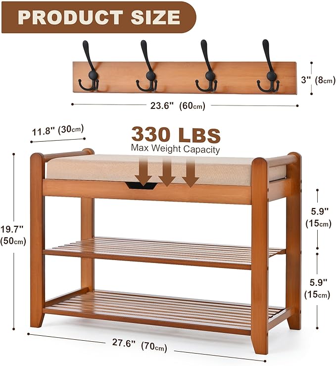 Homman Shoe Storage Bench with Coat Rack, 27.6in Hall Tree Shoe Rack, 3-Tier Bamboo Entryway Bench Holds Up to 330lb for Bedroom Hallyway