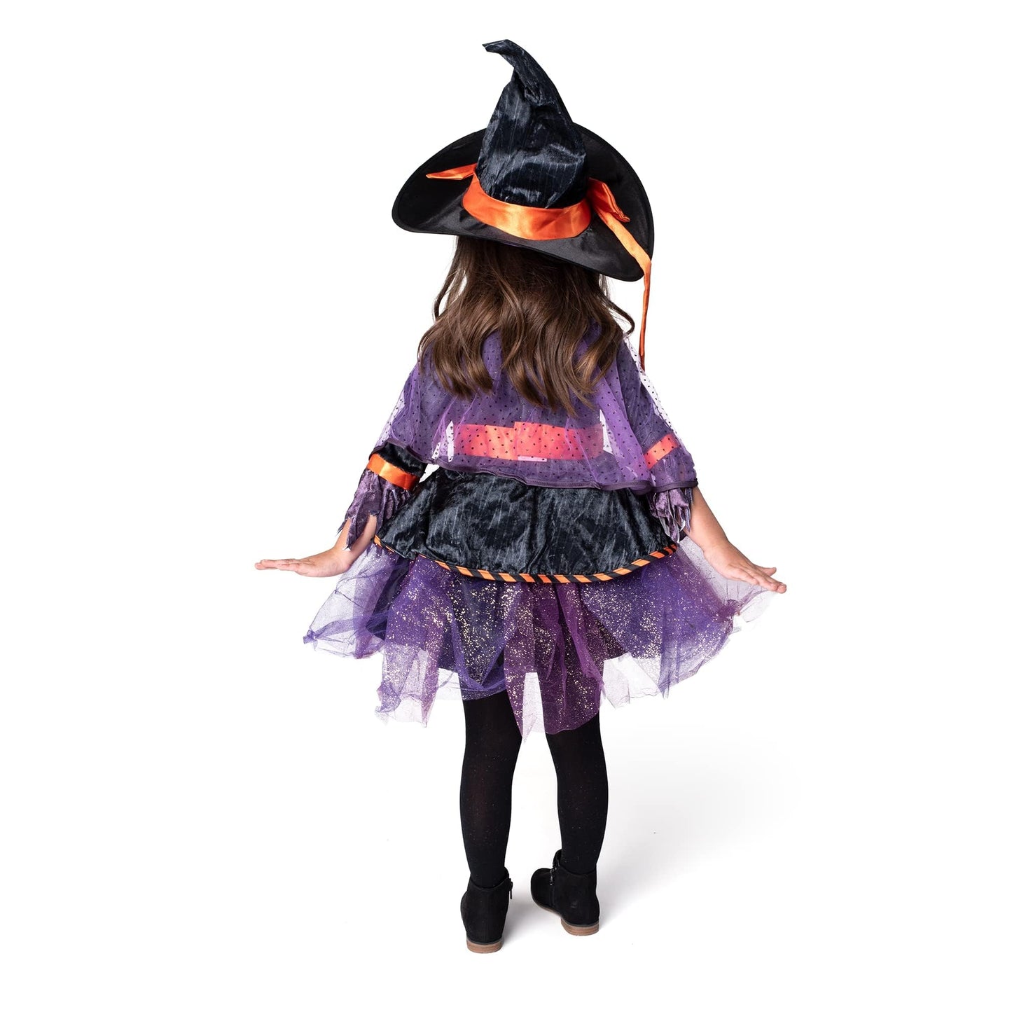 Spooktacular Creations Child Girl Orange Purple Witch Costume, Toddler Witch Outfit Set with Broom for Kids Halloween Dress Up Parties (Toddler (3-4yr))