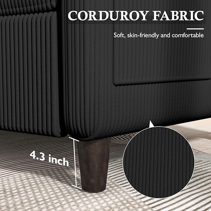 Valthie 60.6" Small Corduroy Loveseat Sofa, Mid-Century Modern 2-Seater Couch with Side Pockets for Small Spaces, Black – Perfect for Living Room, Bedroom, Office & Apartment