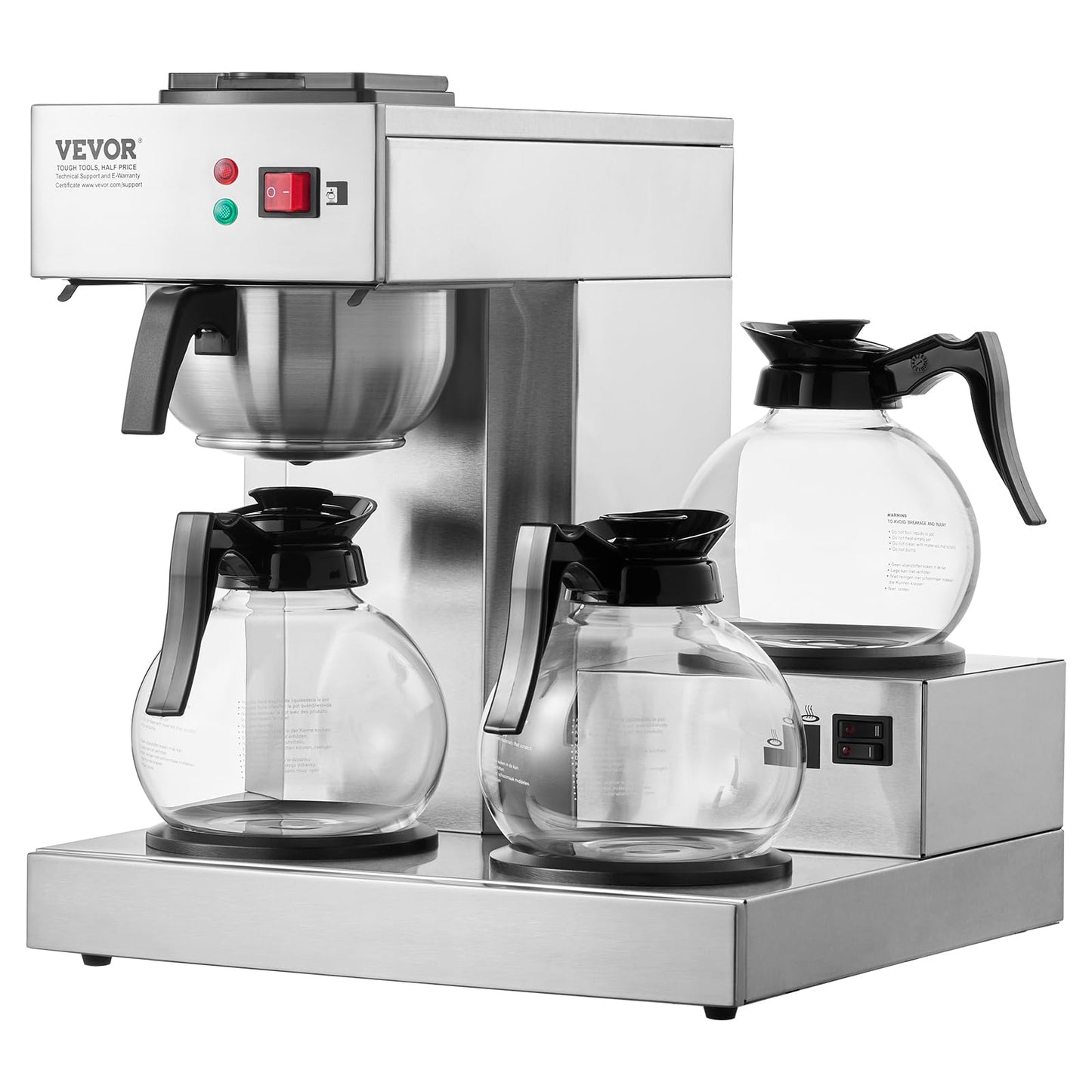 VEVOR 12 Cups Commercial Drip Coffee Maker, Coffee Maker Machine with 3 Glass Carafes and 3 Warmer Plates, Stainless Steel Pour Over Coffee Brewer for Restaurant, Office, Cafe