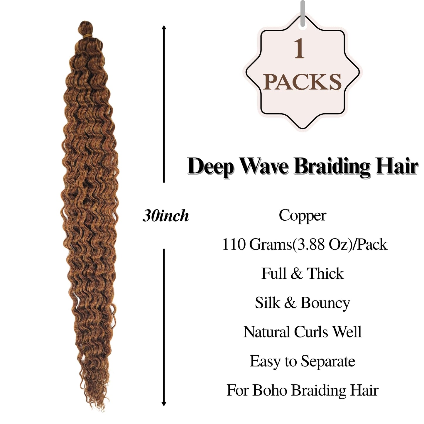 Copper Boho Braiding Hair Pre stretched Boho Hair for Braiding Curly Knotless Bohemian Braids(30 inch, Packs of 5)