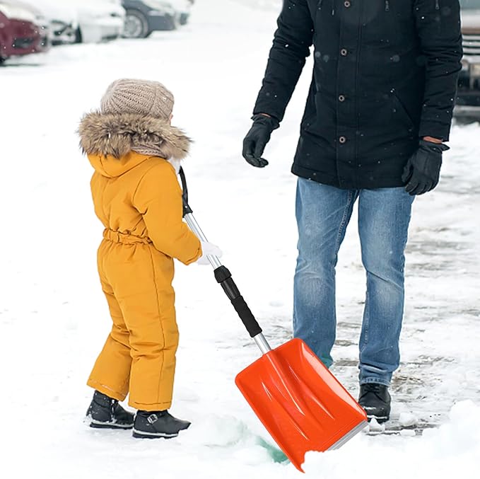 Kids Snow Shovel with D-Grip Handle, Aluminum Blade, Toddler Snow Shovel for Car Trunk, Emergencies, Driveways, and Car Snow Removal. (Age 3+, 2 Packs)