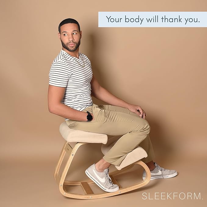 Sleekform Ergonomic Kneeling Chair - Home Office Rocking Desk Stool for Active Sitting - White Comfortable Cushions Wood