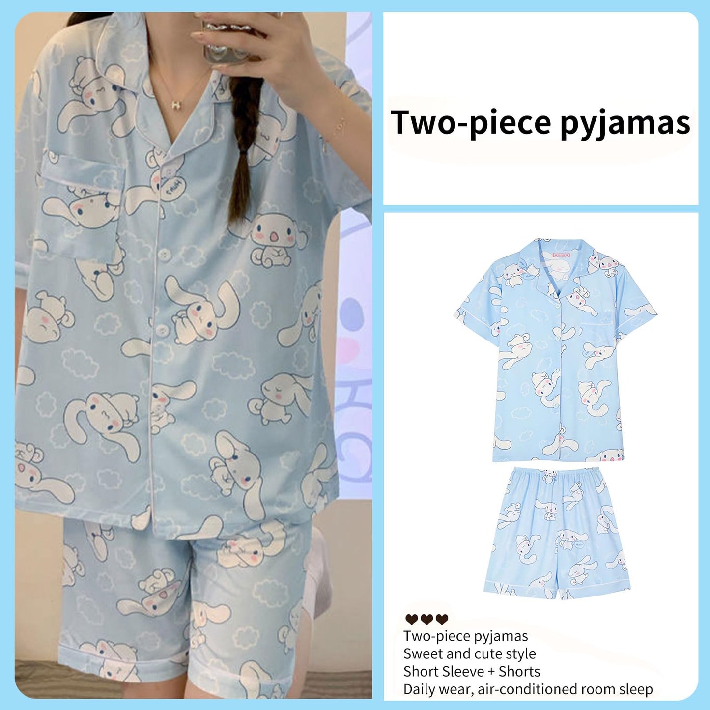 TradWloth Cute Women's Pajama Sets, Cartoon Print Sleepwear Short Sleeve Shirt and Casual Short - 2 Piece Blue