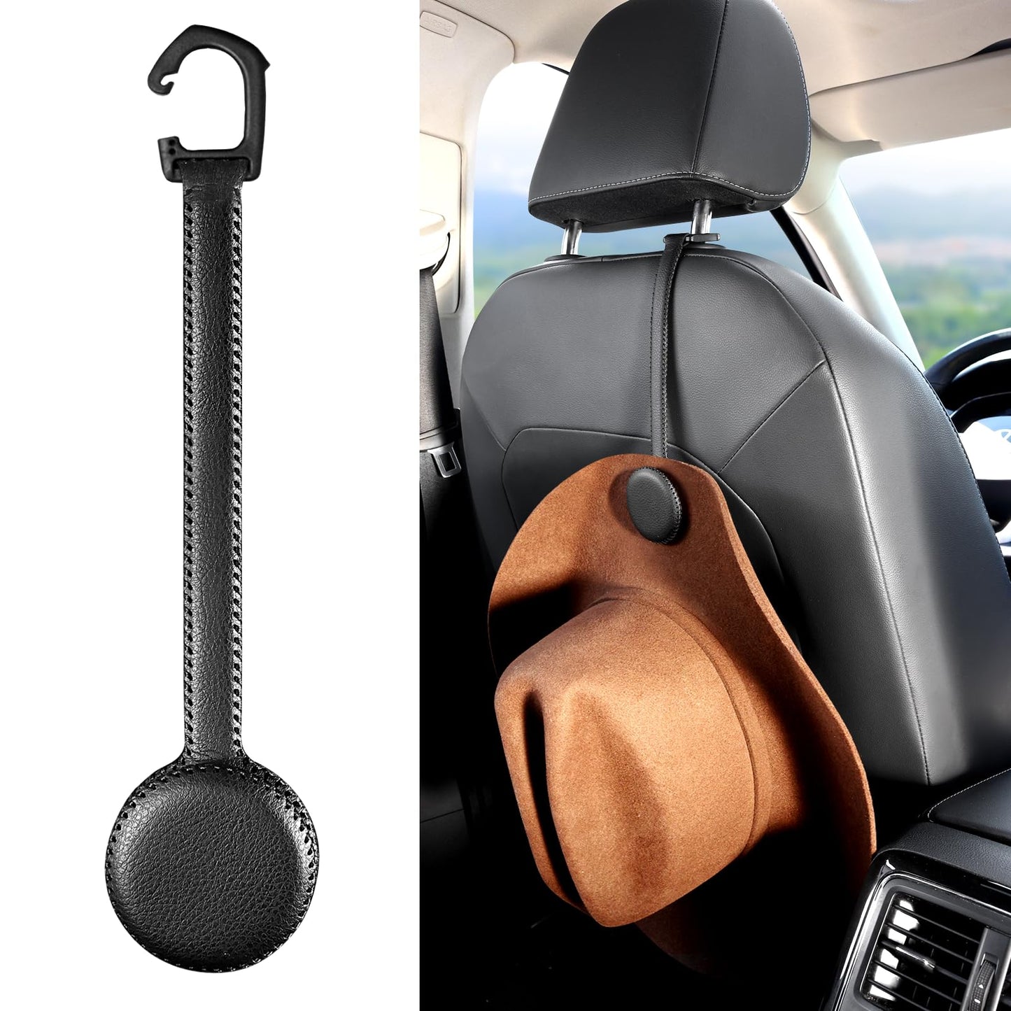 Cowboy Hat Holder for Truck, Magnetic Hat Clip Leather Hat Rack for Car, Headrest Hat Hanger Vehicle Hat Organizer Accessories - Keep Hat Shape, Black, 1 Pack