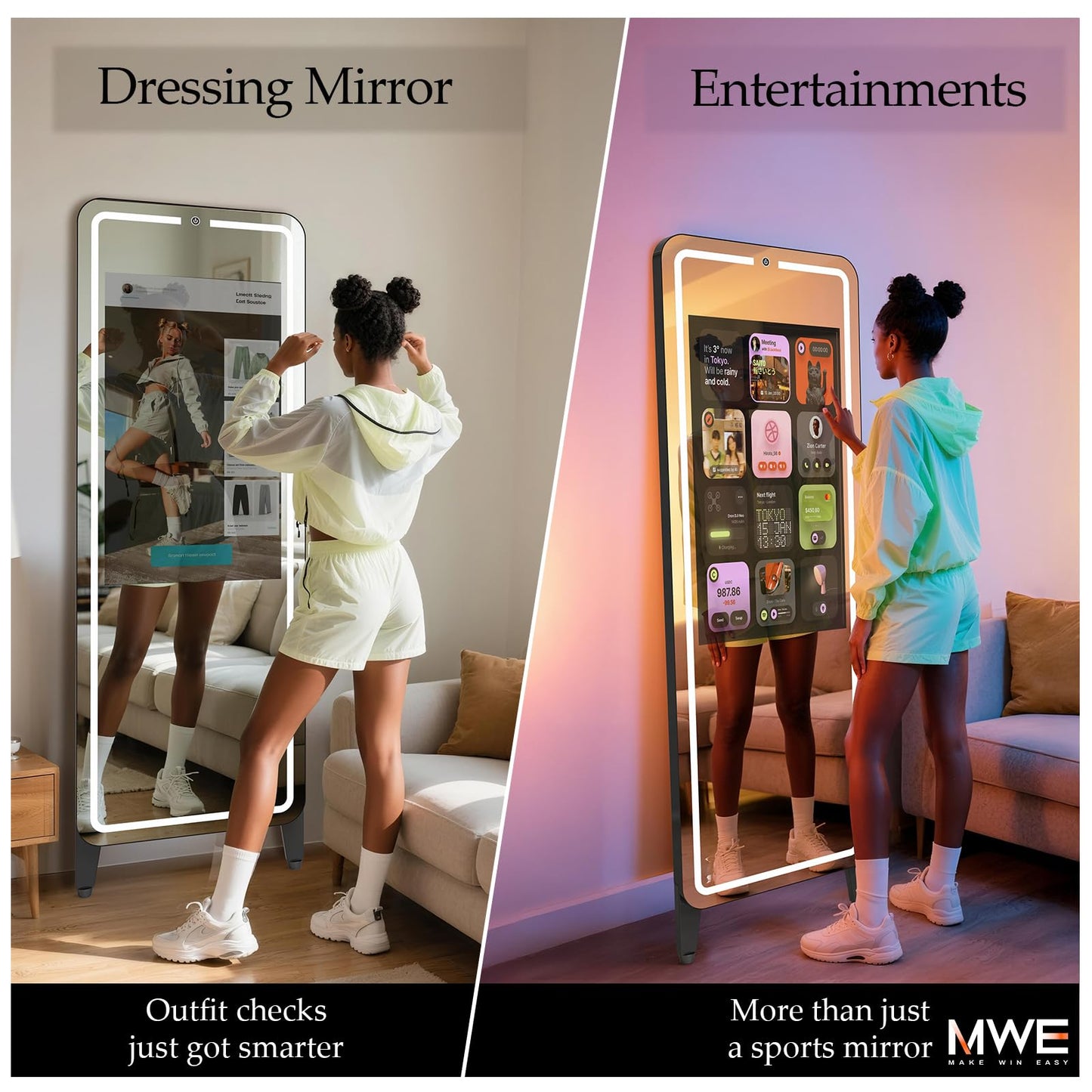 RIXZSIW Smart Gym Mirror for Home Workout | 32" HD Touch-Screen Andriod OS | 63" Reflective Surface | No VIP Fees Support Various APPs, Music Sync LED Light Strip, for Home Gym/Yoga/Dance