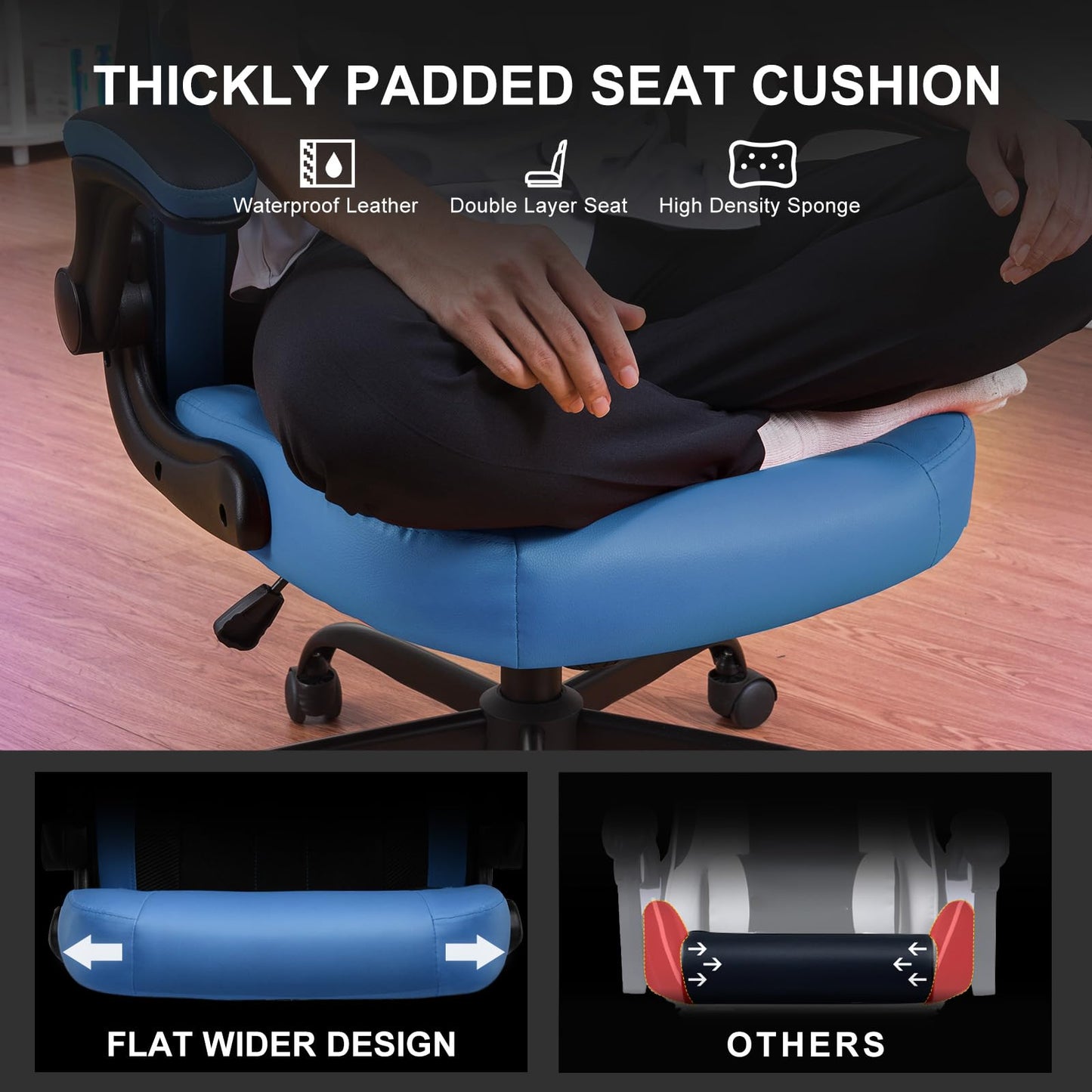 GTPLAYER Video Gaming Chair, Ergonomic Computer Gaming Chair with Flip-Up Armrests and Adjustable Height, Comfortable Desk Chairs with Built-in Lumbar Support, Recliner with 360°Swivel (Blue)