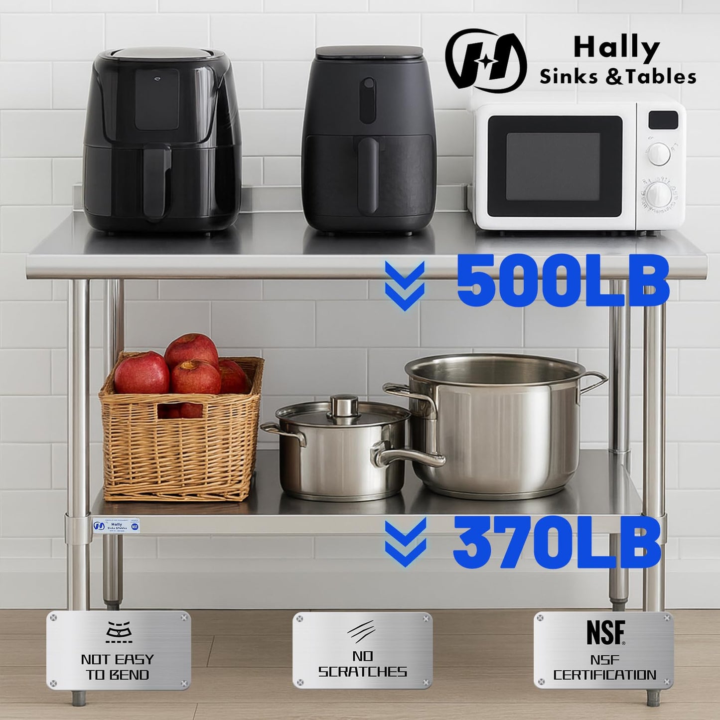 Hally Stainless Steel Table for Prep & Work 30 x 48 Inches, NSF Commercial Heavy Duty Table with Undershelf and Backsplash for Restaurant, Home and Hotel