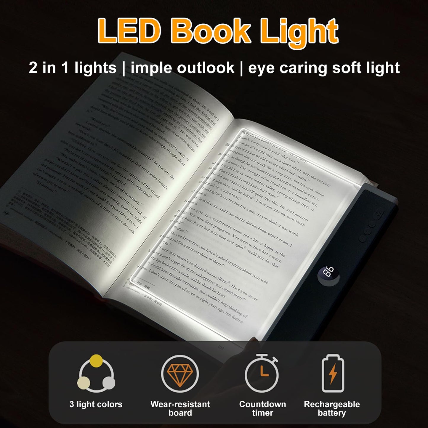 Book Light, Rechargeable Reading Lights for Books in Bed - Eye Caring 3 Color Temperatures, Stepless Dimming Brightness, Timer, Long Lasting, Portable Flat Book Light for Book Lovers (Black)