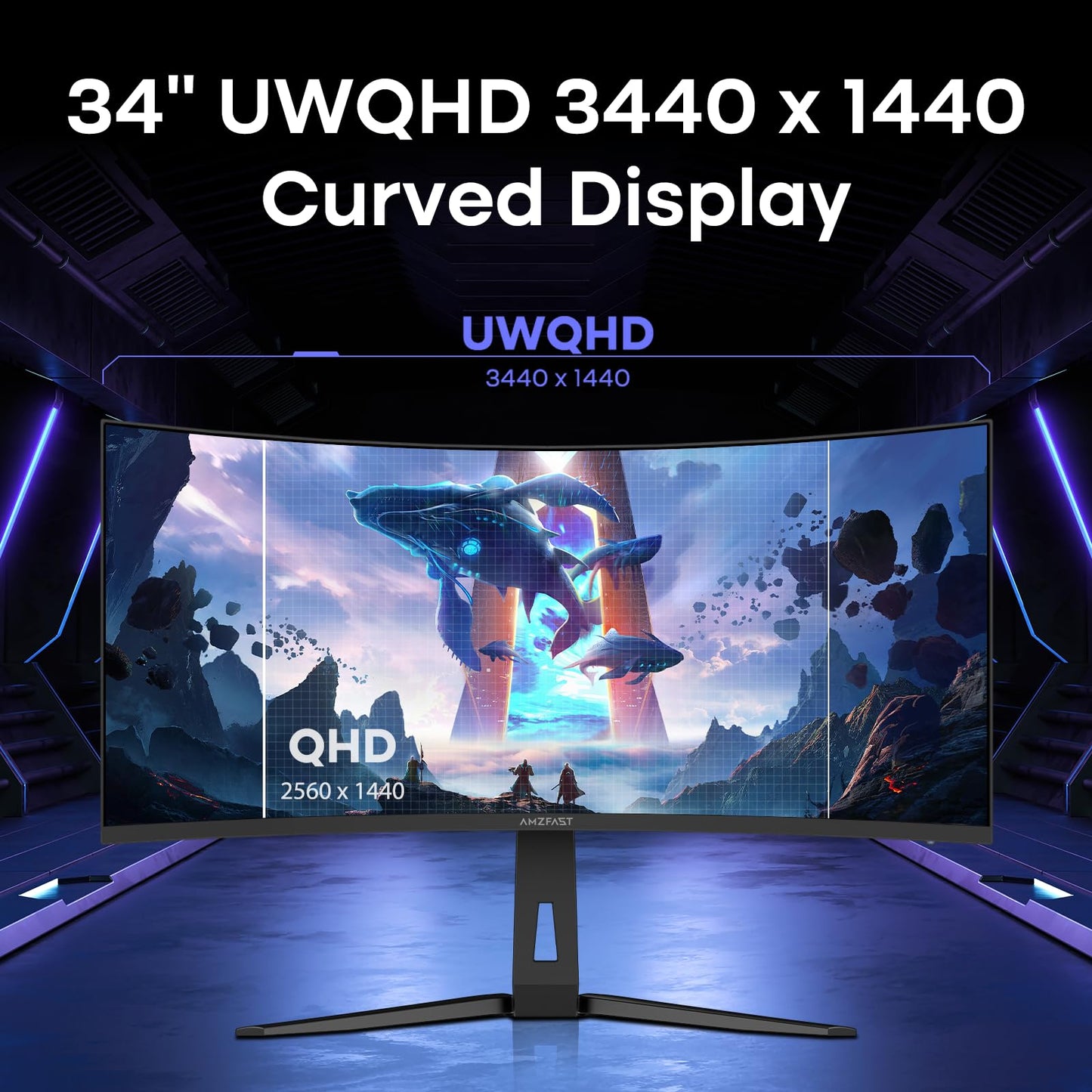 Amzfast 34 Inch Curved Monitor 200Hz UWQHD (3440x1440) Gaming Monitor, 1ms G-SYNC Compatible, 1500R, PIP/PBP, 131% sRGB, Tilt/Swivel/Height Adjustable,TÜV Rheinland, VESA Mount, HDMI 2.1, AMZG34C8Q
