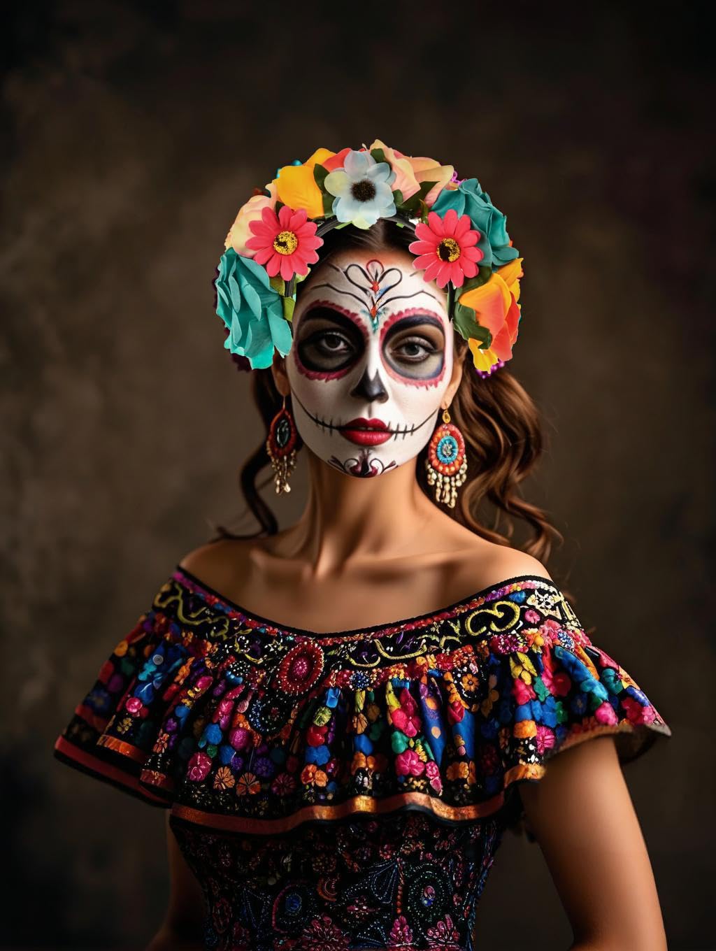June Bloomy Mexican Flower Headband Halloween Cinco De Mayo Party Costume Day of The Dead Headpiece(Peach Orange Blue)