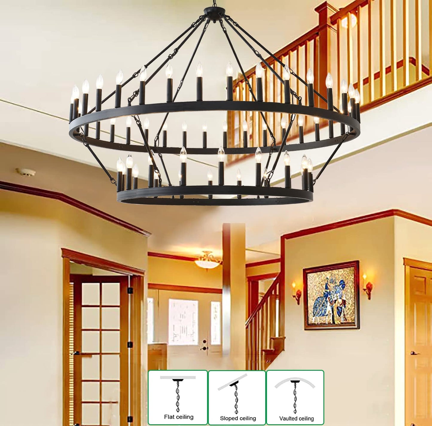 JKLX 60 Inch Large Black Wagon Wheel Chandelier,2 Tier 54-Lights Farmhouse Industrial Country Style Round Pendant Light Fixture for Outdoor Porch high Ceilings Living Dining Room Foyer Entryway
