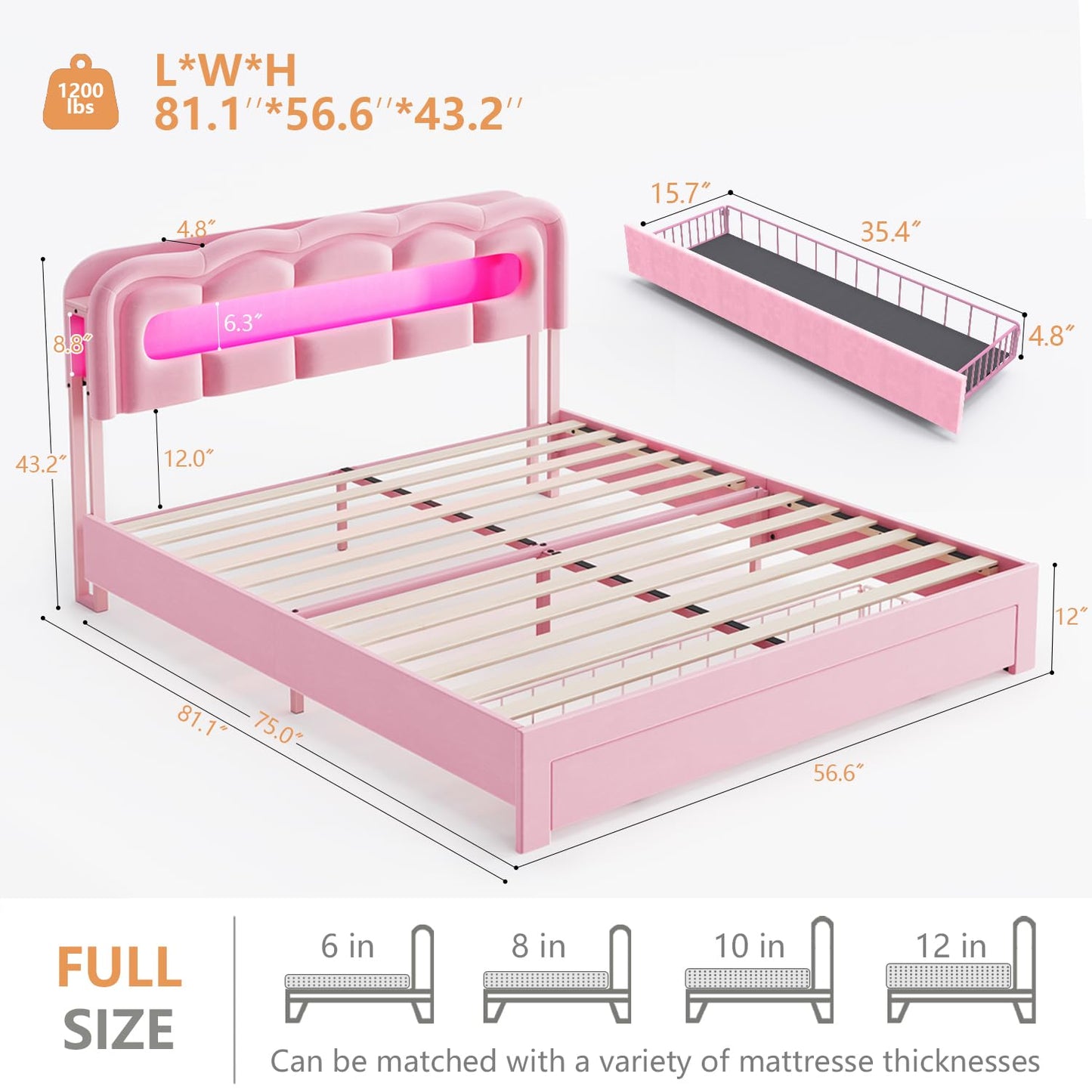 ROCHECASA Full Size Bed Frame with Storage and LED Lights Charging Station, Velvet Upholstered Bed with Drawer, No Box Spring Needed, Easy Assemble, Pink