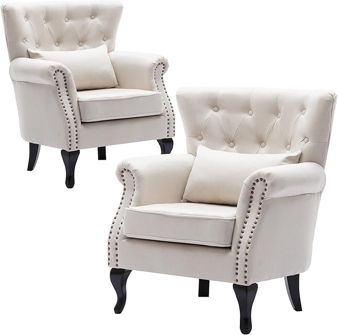 DM Furniture Set of 2 Mid-Century Modern Accent Chair, Linen Fabric Armchair w/Tufted Back/Wood Legs, Upholstered Lounge Arm Chair Single Sofa for Living Room Bedroom, Beige