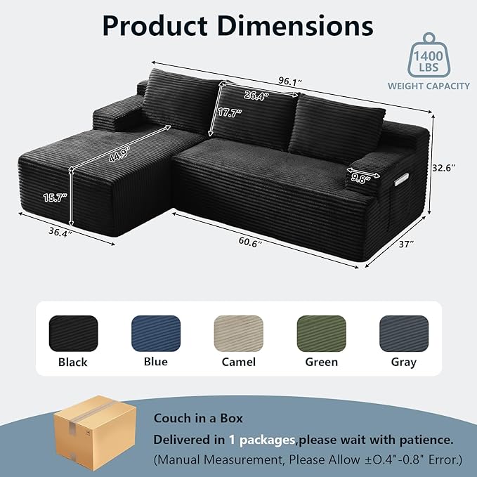 96" Cloud Sectional Couch with L-Shape Chaise, Modern Corduroy Boneless Couch for Living Room,Memory Foam Sofa with Deep Seat,No Assembly Required (Black,Left-Facing Chaise)