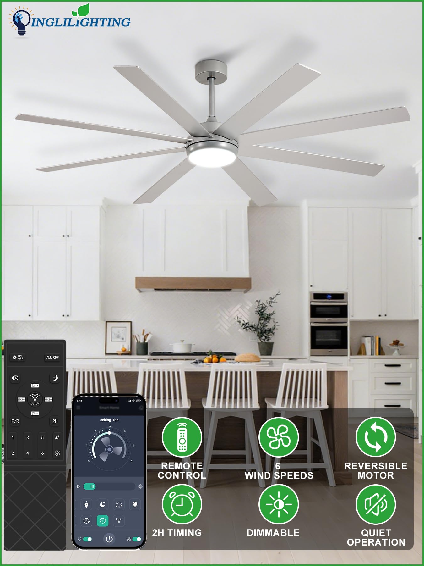 Dllt Large Ceiling Fans With Lights: 66In Modern Indoor/Outdoor Ceiling Fan For Living Room Patio - Silver Ceiling Fans With Rem