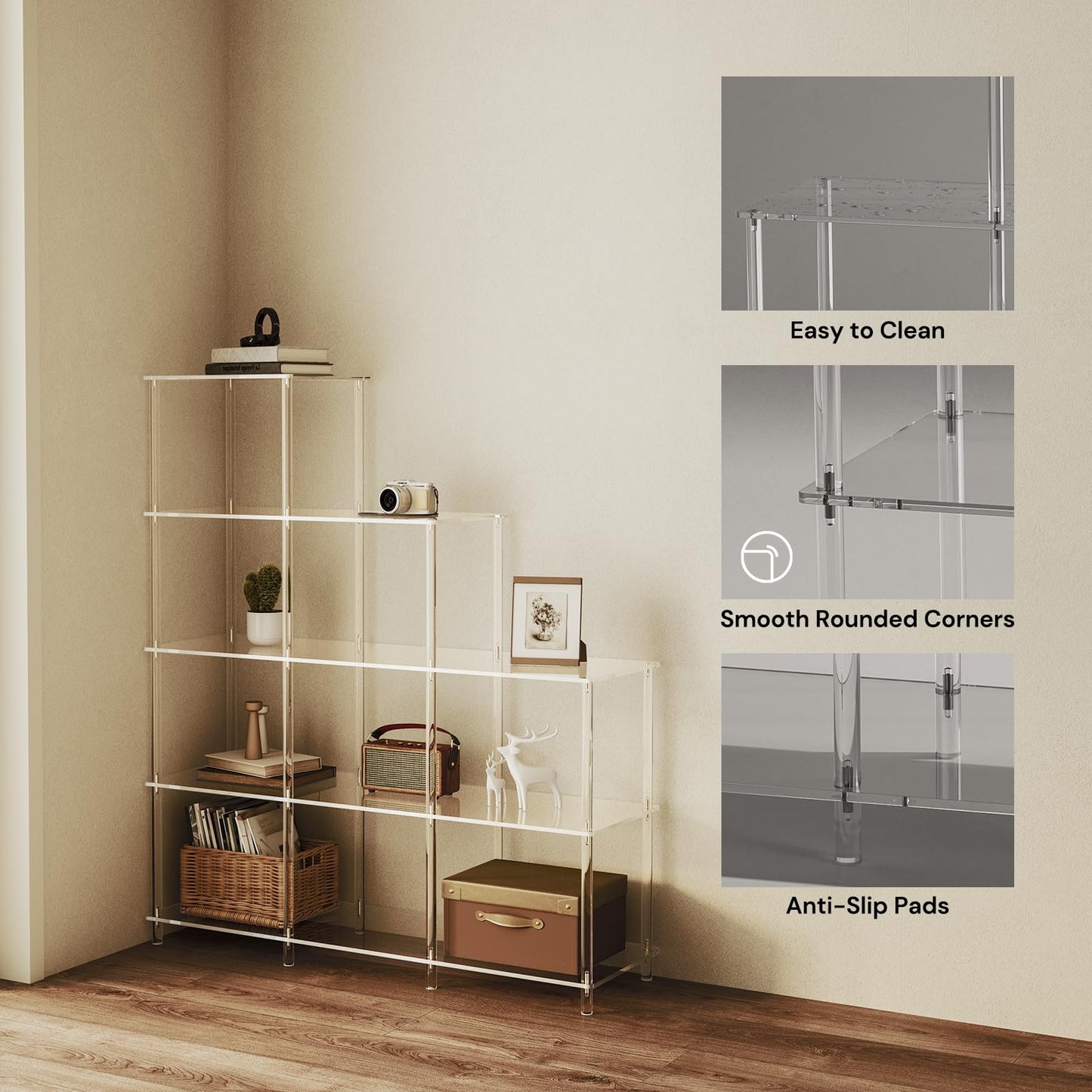 CRTERICX 5-Tier Acrylic Stepped Bookshelf, 9 Cube Bookcase, Clear Open Book Shelf for Home Office, Living Room, Bedroom, Easy Assembly, 11.8" D x 40.6" W x 46.1" H