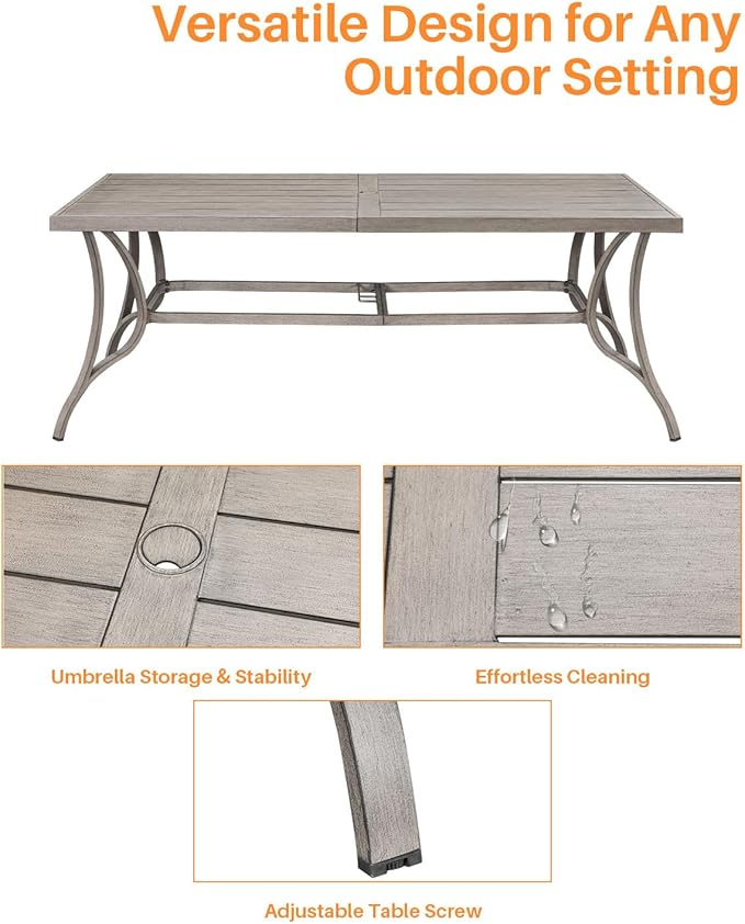 SEEHILL Patio Dining Table for 8, Aluminum Outdoor Dining Table with Umbrella Hole, 84" x 38.6" Rectangular Patio Table for Outside, Outdoor Patio Table for Deck, Garden Poolside, Limed Oak