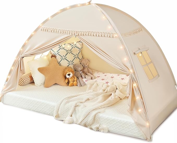 Toddler bed Tent Canopy: Lights & Flags Indoor Floor Twin Bed Kids Tent Play Tent - Twin Bed Curtains - Girls&Boys Play Ho...