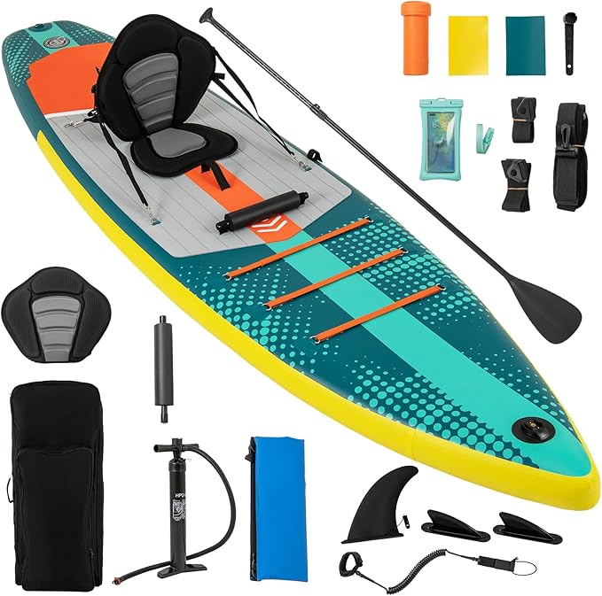 GYMAX Paddle Board, Inflatable SUP with Kayak Seat, Camera Mount, Direction Fin Paddle & Carry Backpack, Extra Wide Below ...
