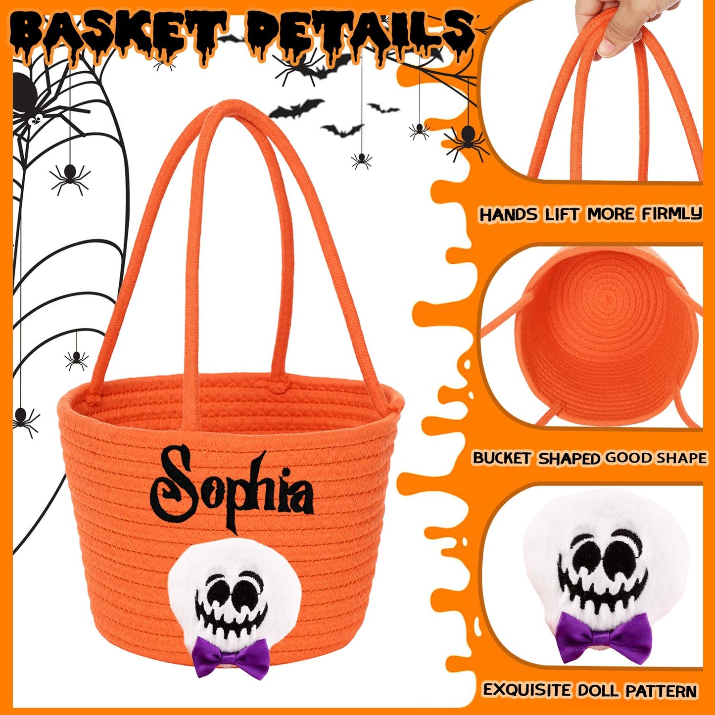 Personalized Halloween Basket Custom Embroidered Name Halloween Trick or Treat Bag for Kids Custom Ghost Bucket