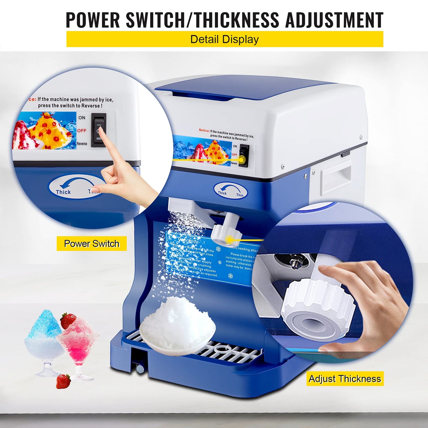 VEVOR 110V Electric Shaved Ice Machine 500W Snow Cone Maker Tabletop w/Adjustable Ice Texture, Ice Shaving Machine 265LBs/hr for Home and Commerical Use