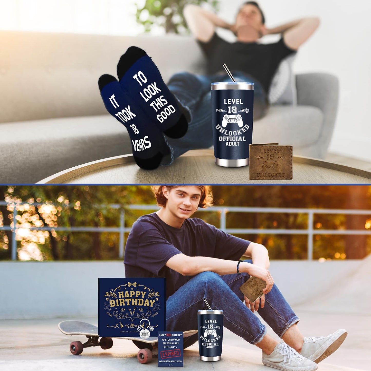 8 Pcs Happy 18th Birthday Gifts for Boys, 18 Year Old Boy Birthday Gifts Ideas with 20 Oz Tumbler, Funny Socks, Toilet Paper, Bracelet, Teen Boys Wallet, Keychain for Son, Nephew, Grandson, Brother