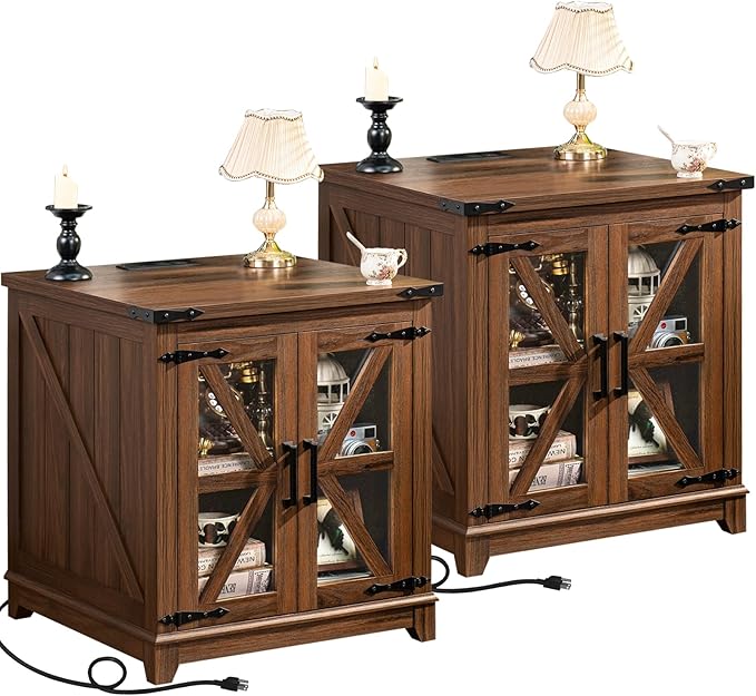 Joaxswe Farmhouse End Table with Charging Station Set 2, 24" Large Sofa Side Table with Glass Barn Door, Nightstand with Adjustable Storage Shelf,Wood Square Bedside Table for Living Room,Bedroom